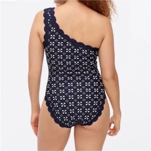 J. Crew Women's Scalloped one-shoulder swimsuit in laser-cut eyelet Navy Size 14 - Picture 2 of 10
